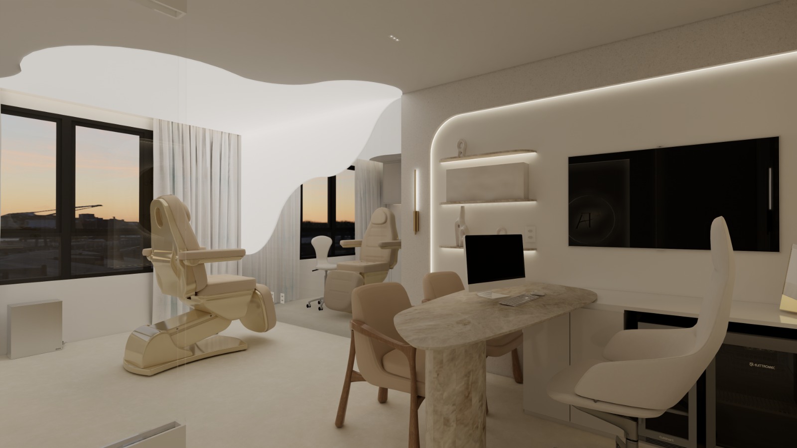 Sala de procedimentos — integração visual com a paisagem ao entardecer