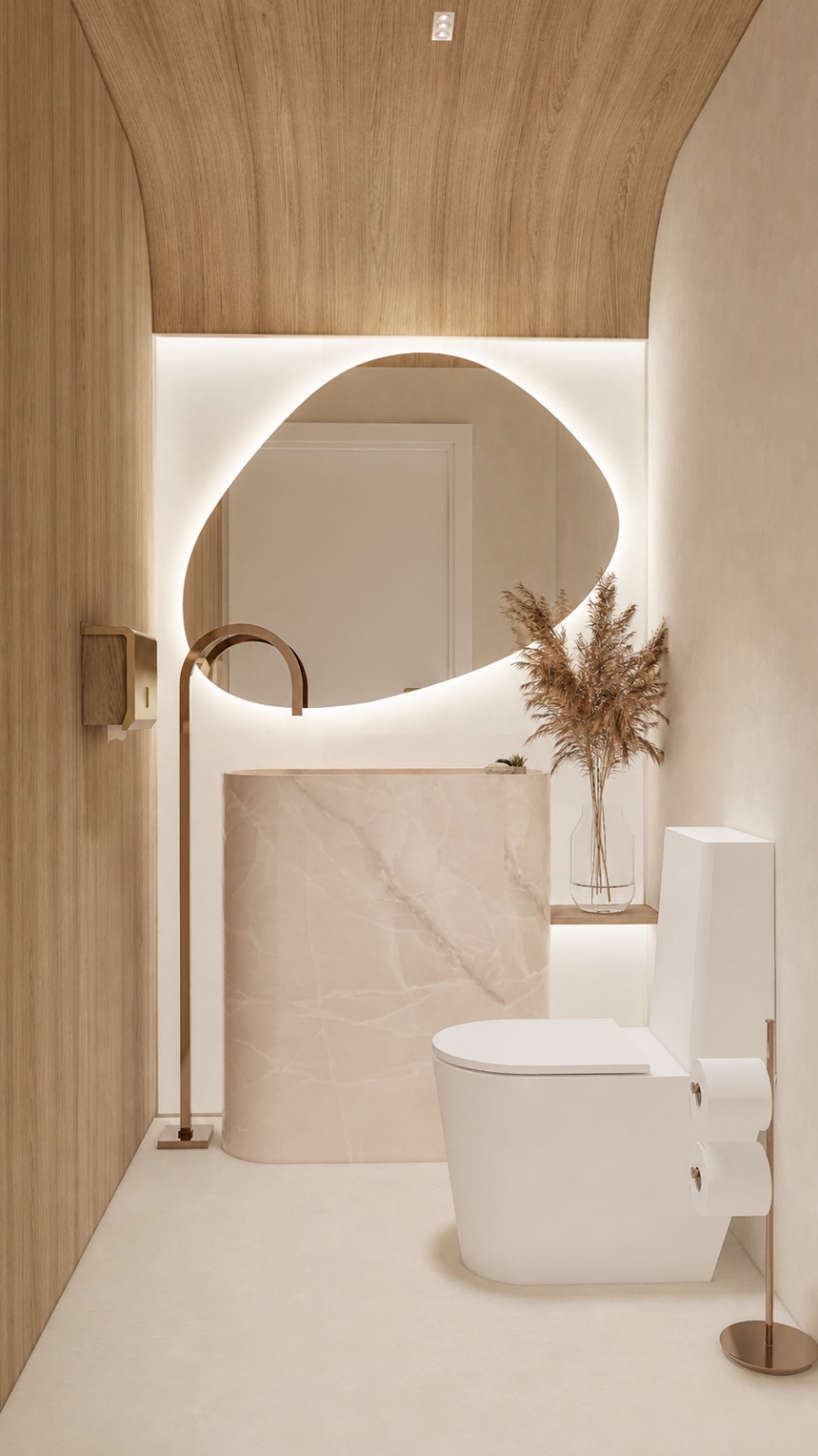Lavabo — cuba escultórica em mármore, espelho orgânico retroiluminado
