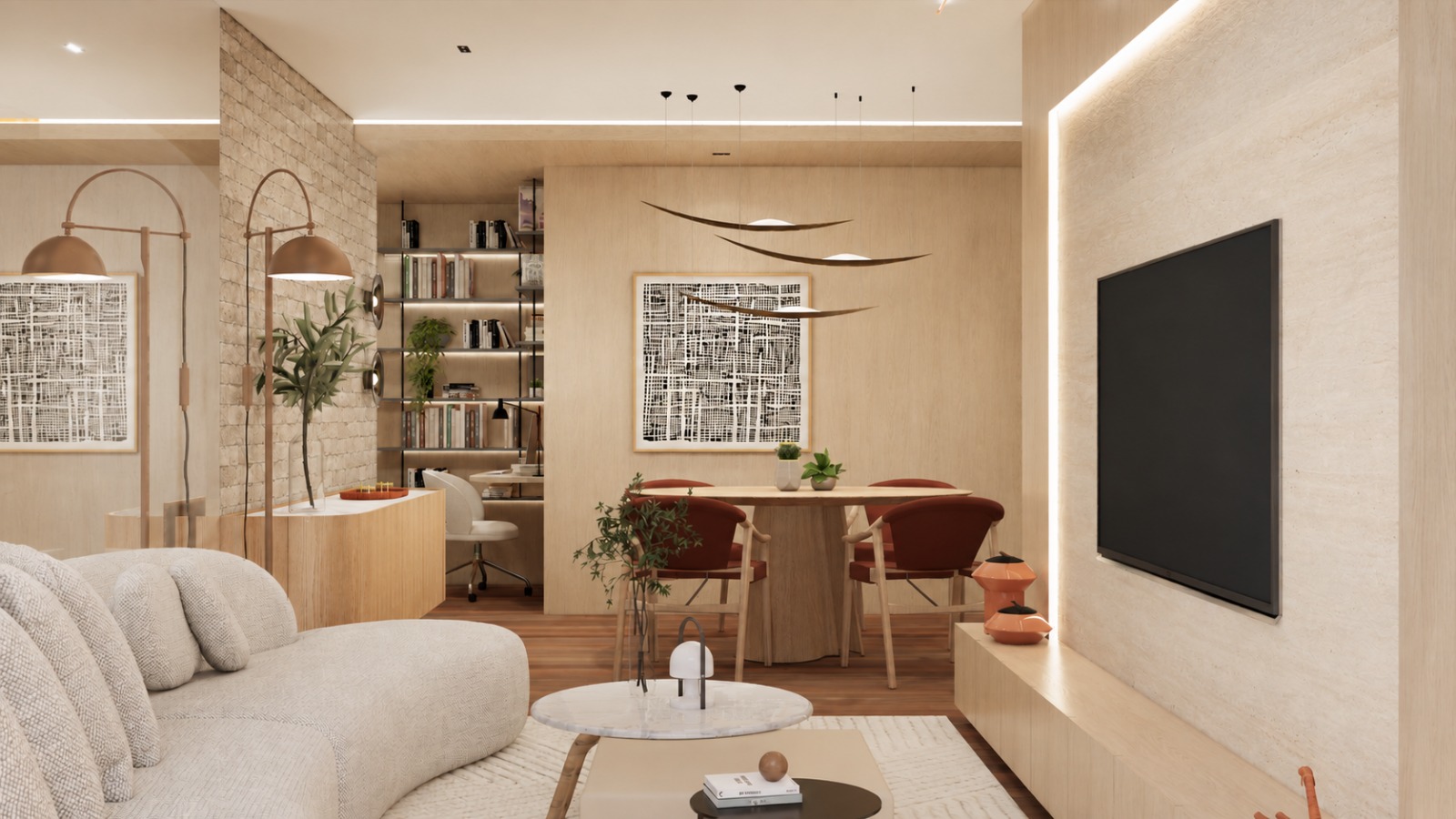 Sala de estar — sofá curvo, home office integrado e parede em travertino retroiluminada