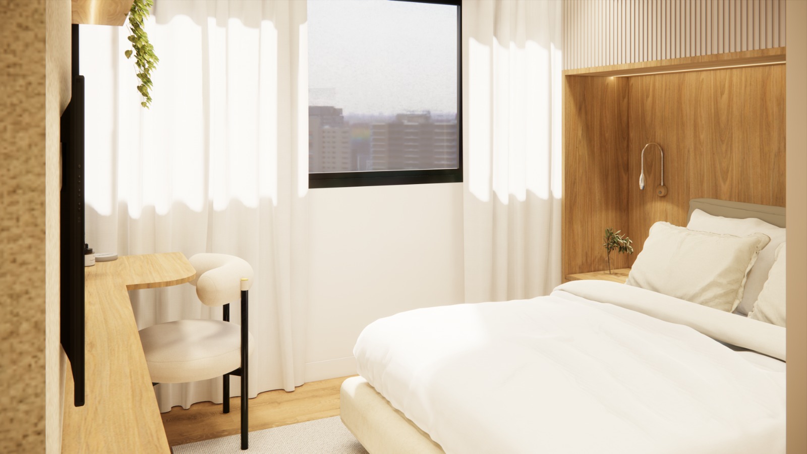 Quarto — detalhe da cabeceira, arandela e vista da cidade