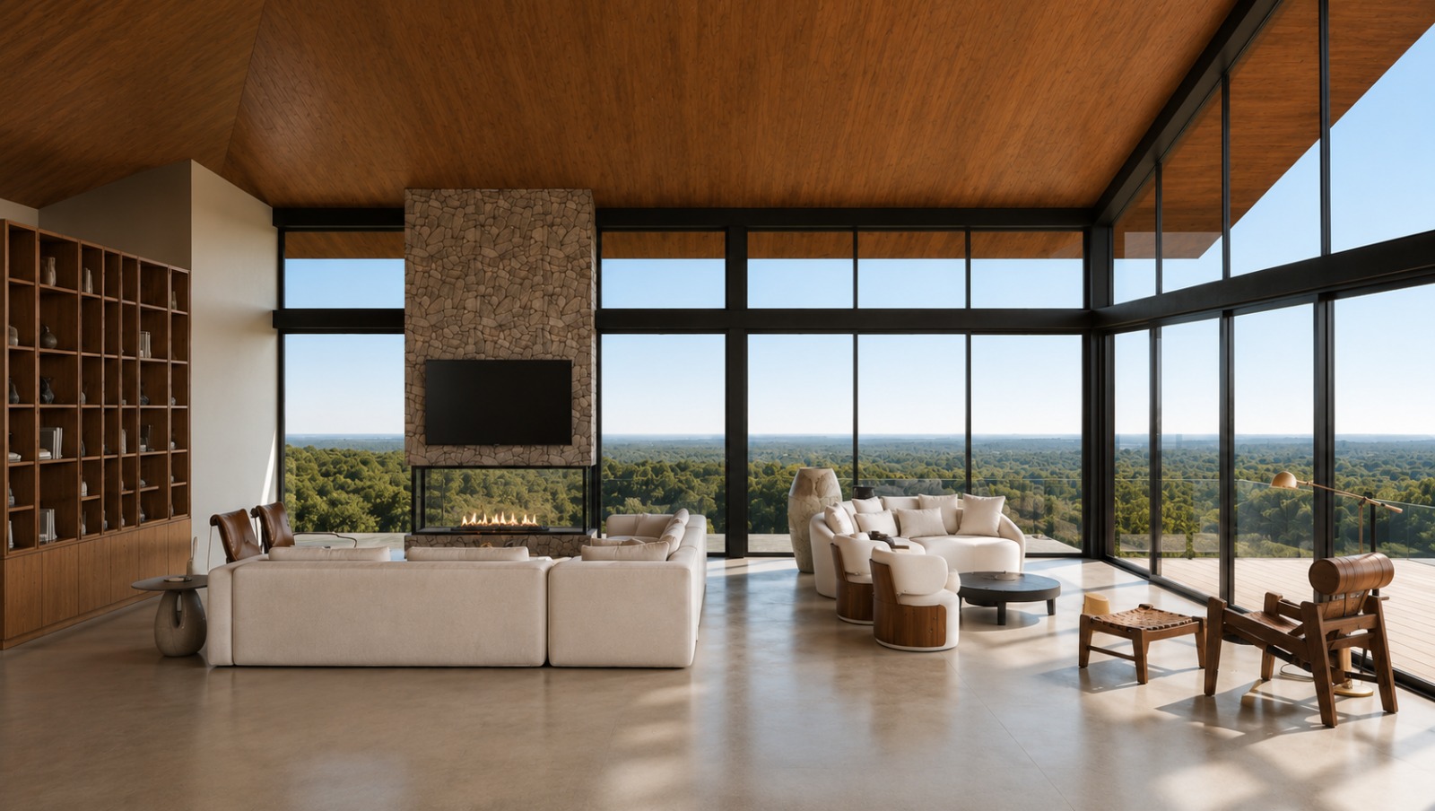 Área externa — deck, piscina e volumetria branca em diálogo com o verde