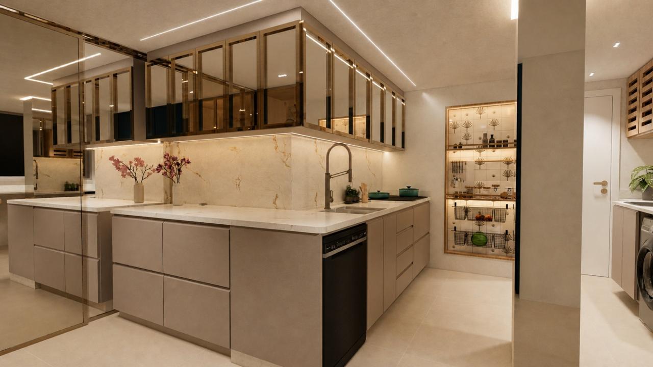 Cozinha — armários em vidro bronze com perfis metálicos e iluminação embutida