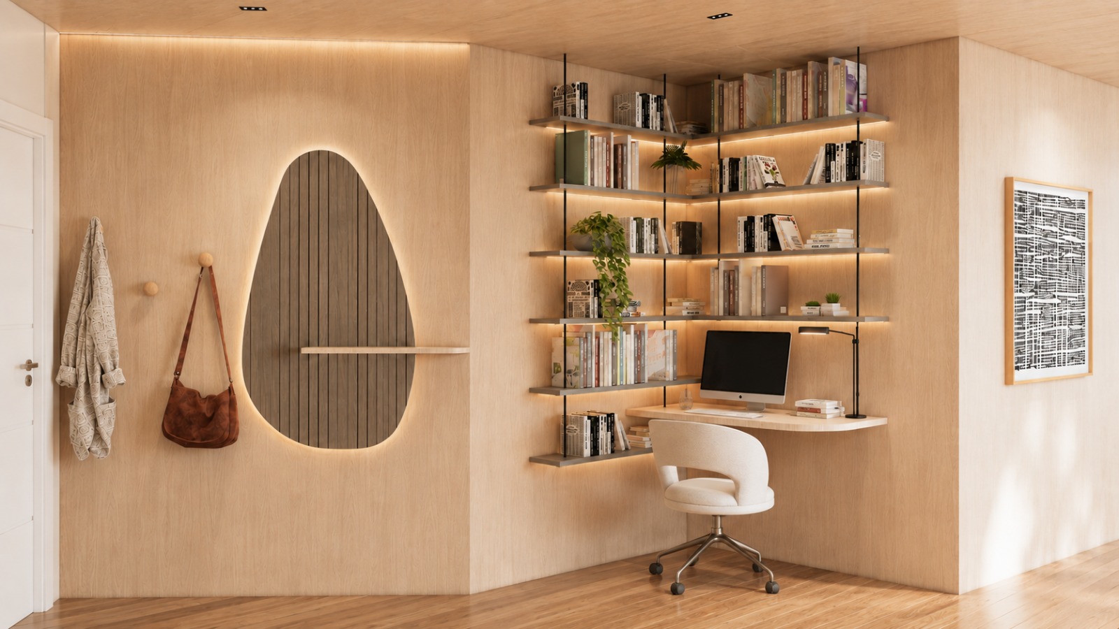 Home office — marcenaria em madeira clara, prateleiras iluminadas e espelho orgânico