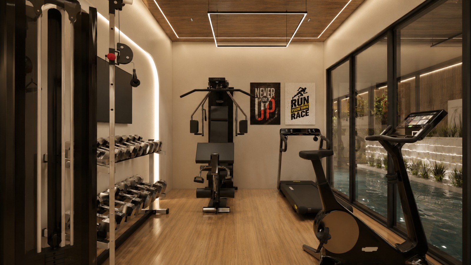 Academia — forro em madeira, iluminação linear e vista para a piscina