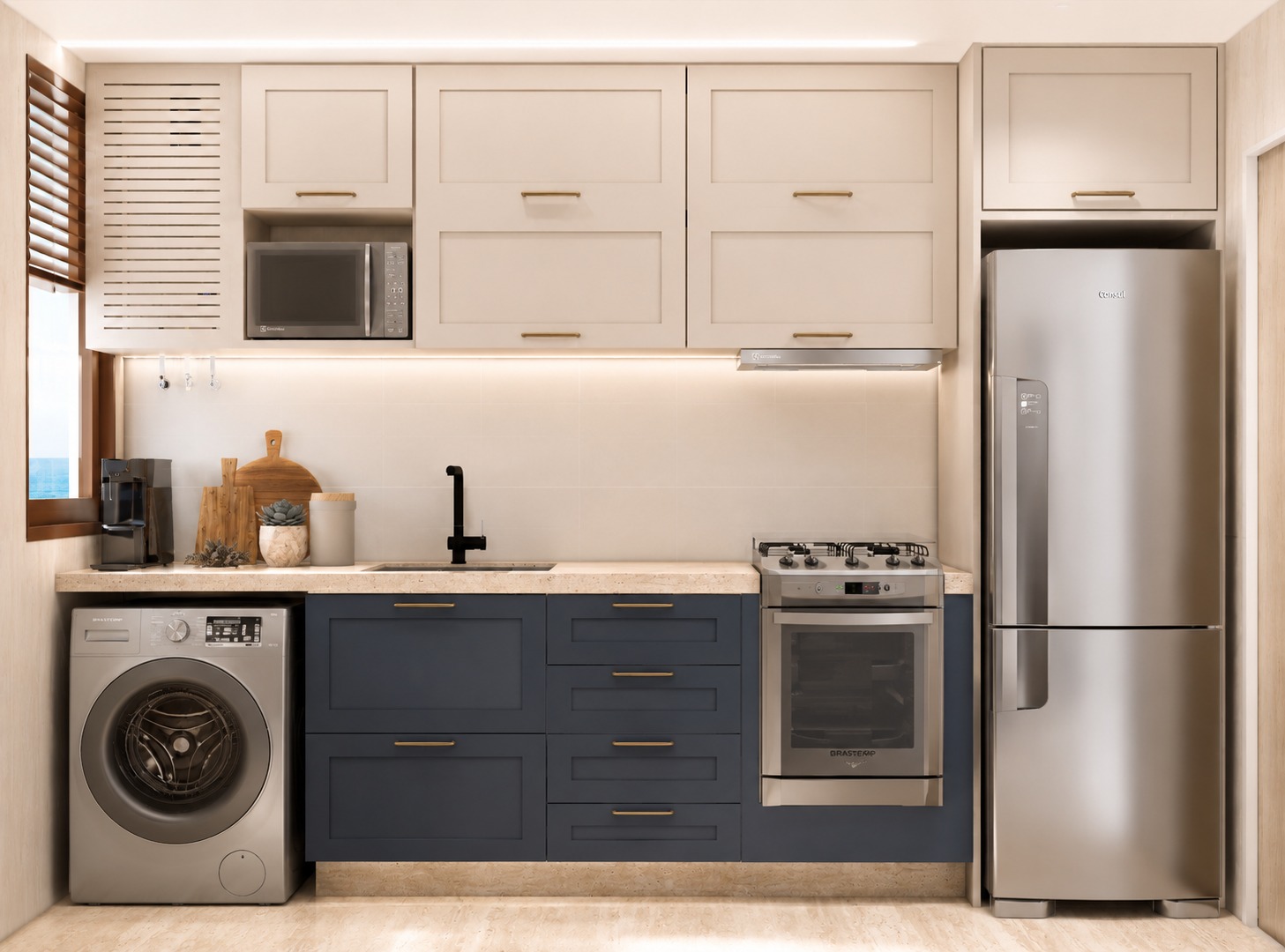Cozinha e área de serviço — marcenaria azul petróleo com detalhes em latão
