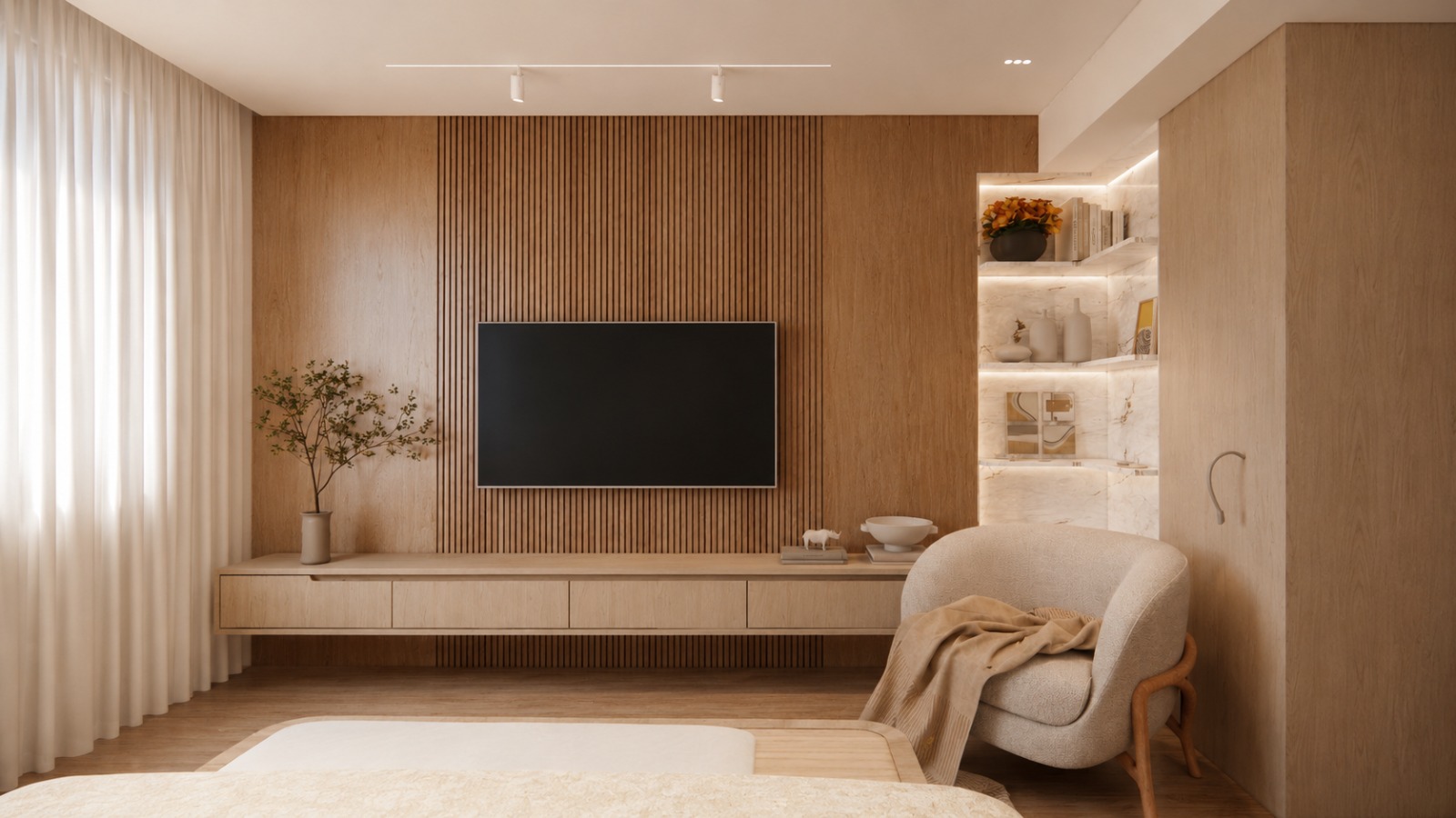 Quarto — painel ripado em madeira, nichos iluminados em mármore e poltrona de leitura