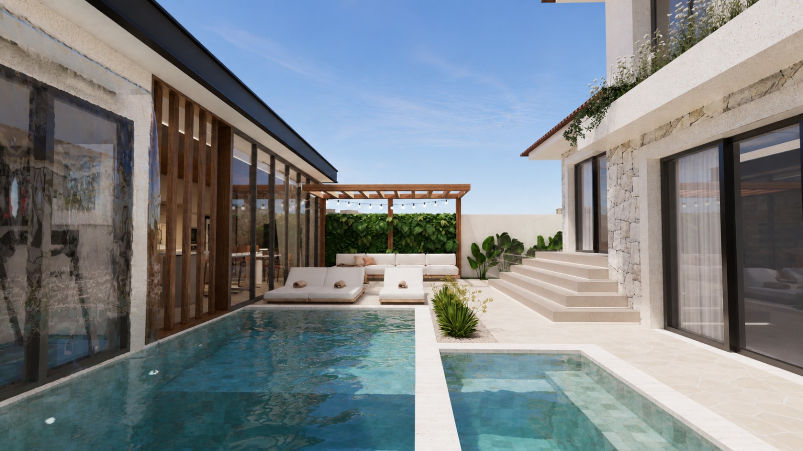 Área externa — piscina e spa em eixo com o living envidraçado