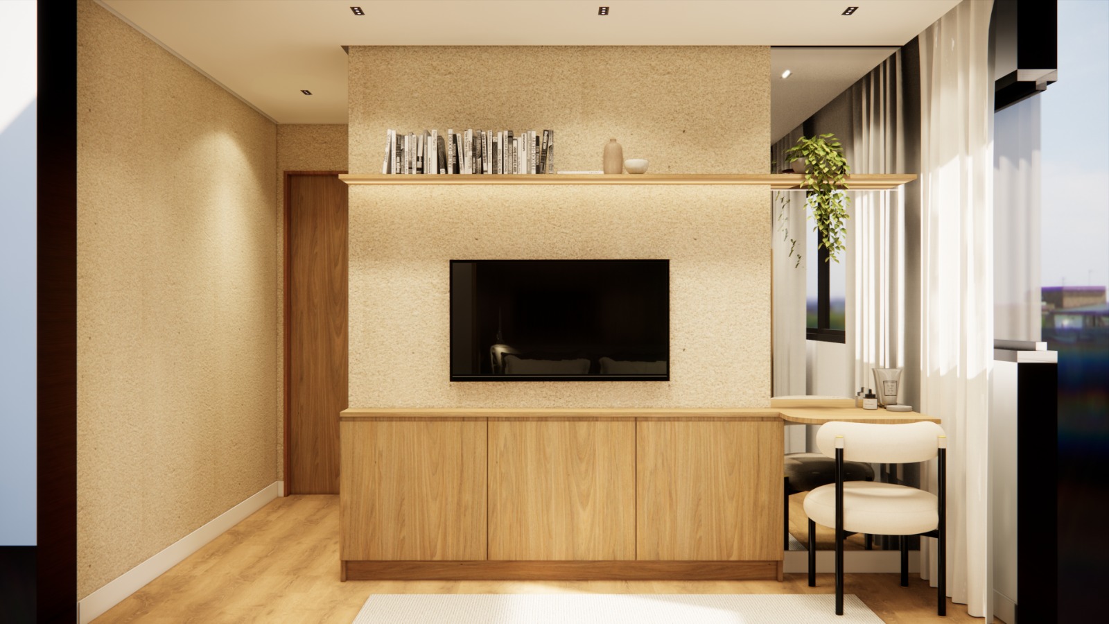 Quarto — painel de TV em revestimento texturizado, marcenaria clara e prateleira iluminada