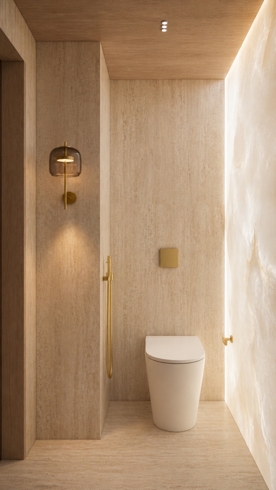 Lavabo — travertino de piso a teto e parede em ônix retroiluminado
