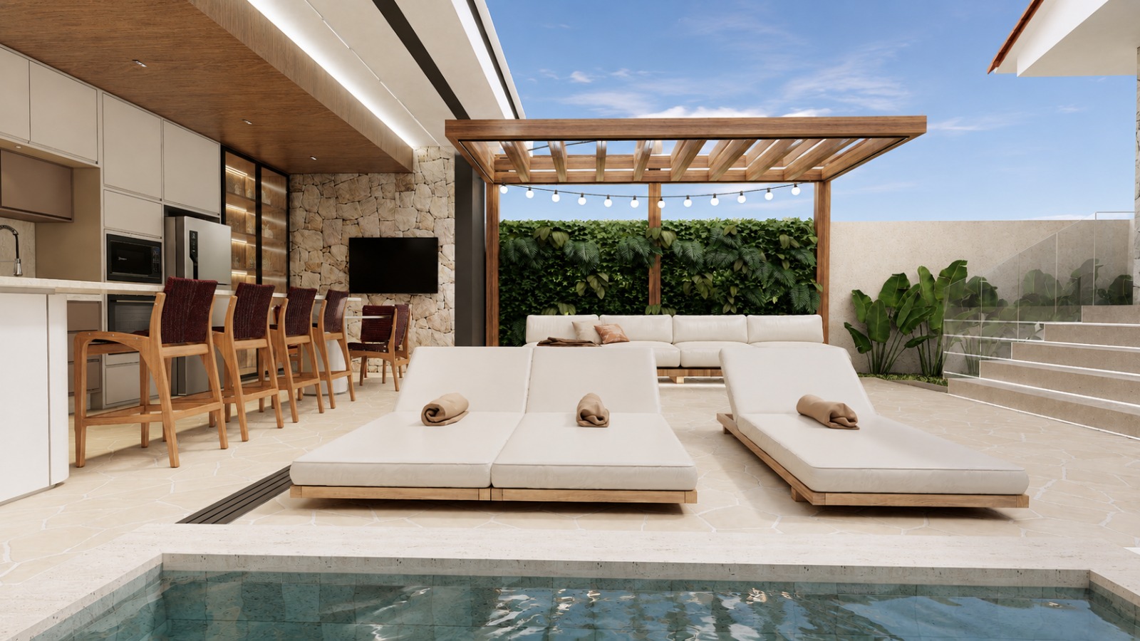Espaço gourmet — pergolado em madeira e estar externo voltado para a piscina
