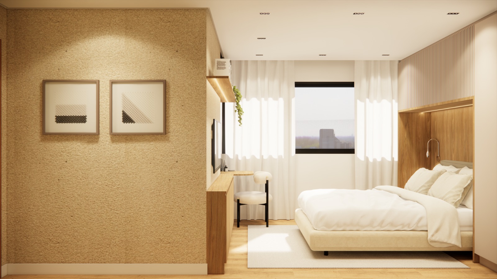 Quarto — cabeceira em madeira com iluminação embutida e bancada de trabalho junto à janela