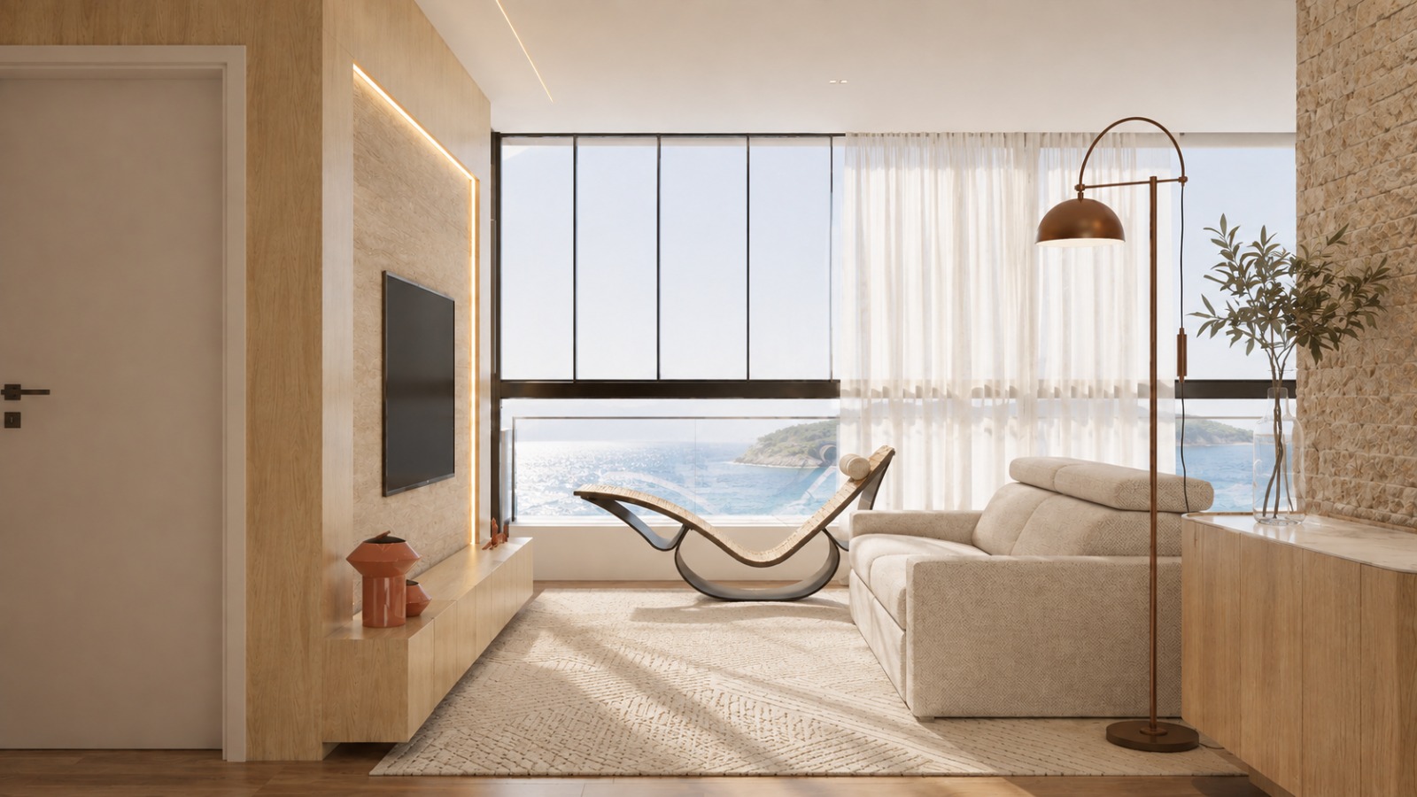 Estar — chaise em madeira curva e caixilharia preta emoldurando a orla