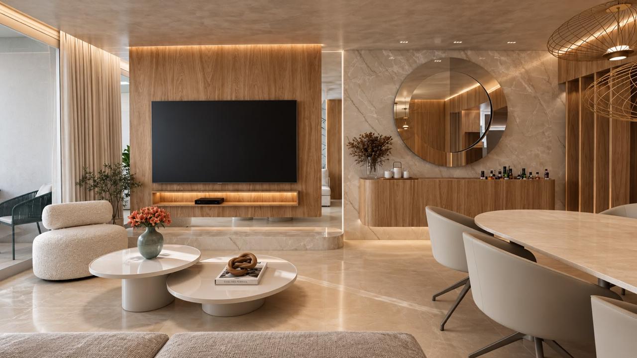 Living e jantar — painel de TV em madeira, parede em mármore e mesa oval em pedra