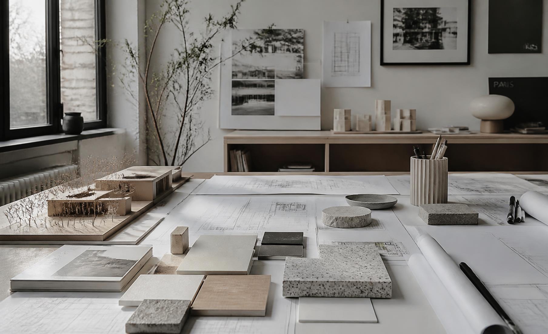 Mesa de trabalho do escritório com maquetes e amostras de materiais